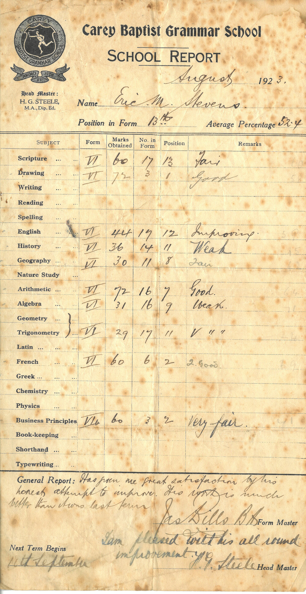 Academic report for Eric Stevens, 1923