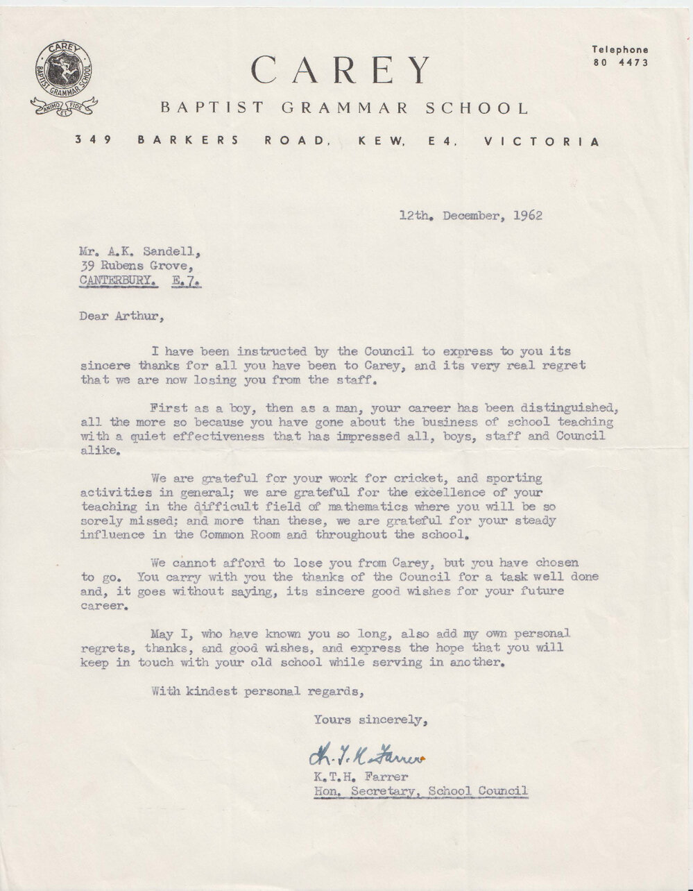 Arthur Sandell reference letter from Keith Farrer, 1962