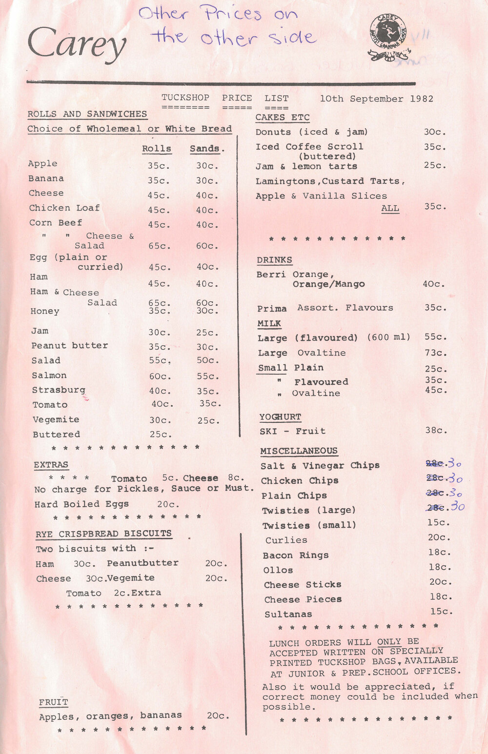 Tuckshop price list, 1982