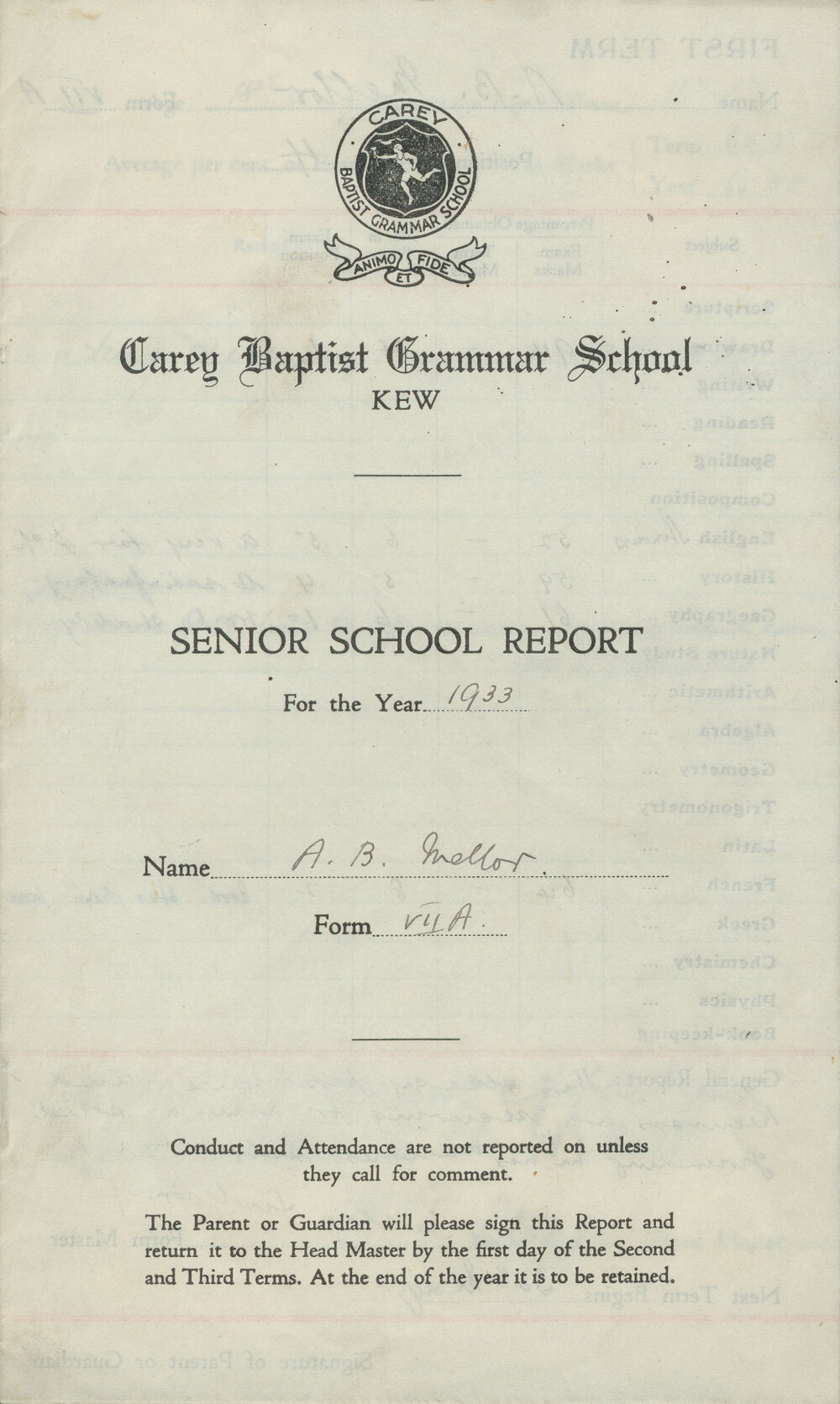 Senior School report for Alfred Mellor, 1933
