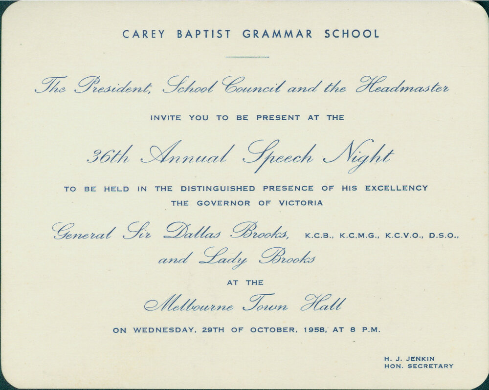 Invitation to the 36th Annual Speech Night, 1958