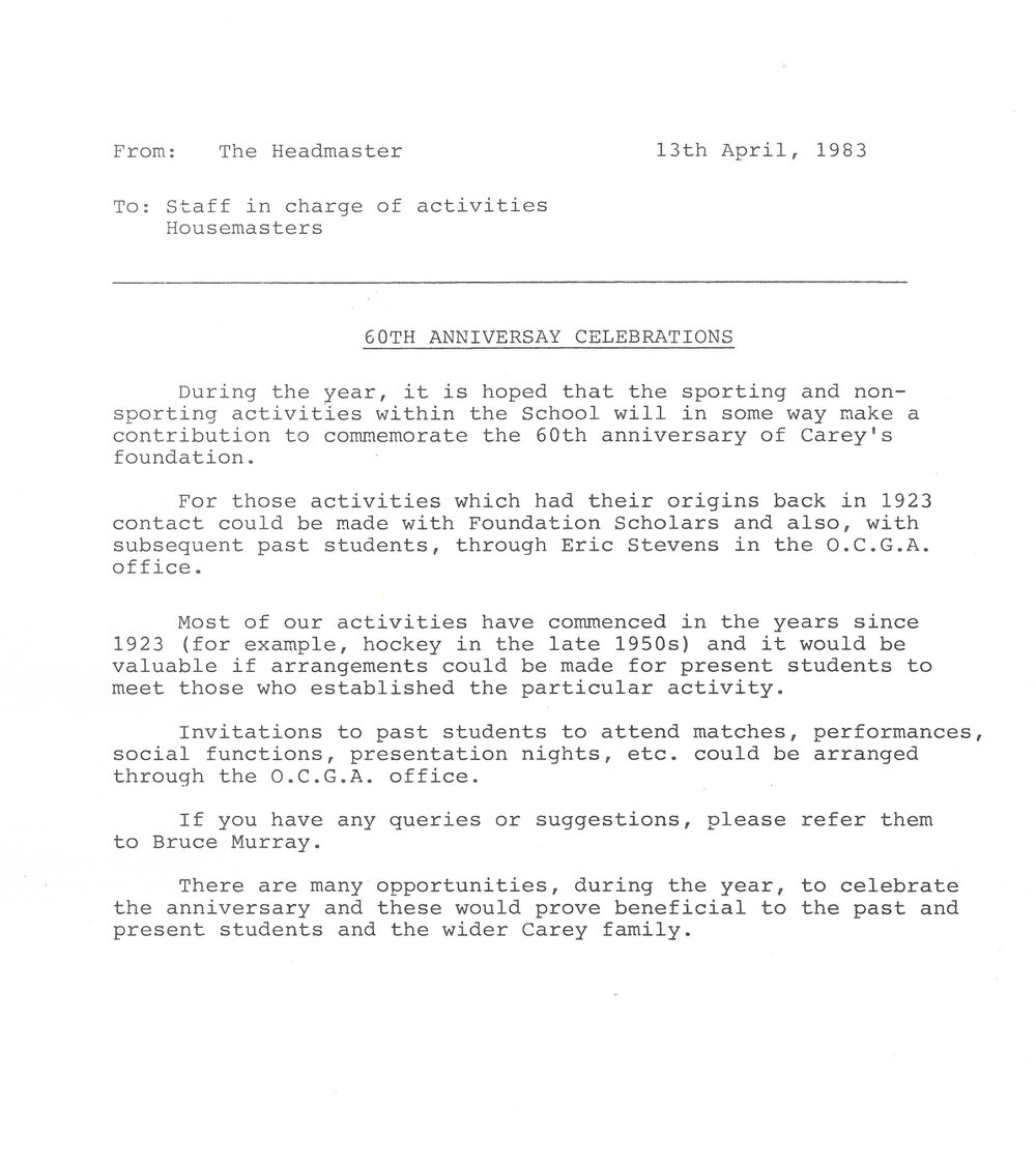 Memo regarding diamond Jubilee celebrations 13 April 1983