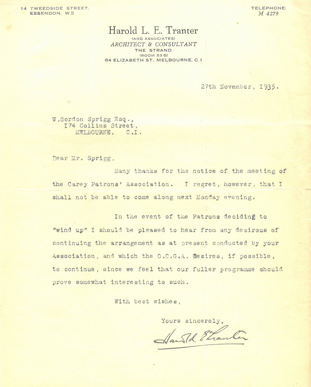Letter from Harold Tranter to Gordon Sprigg, 1935