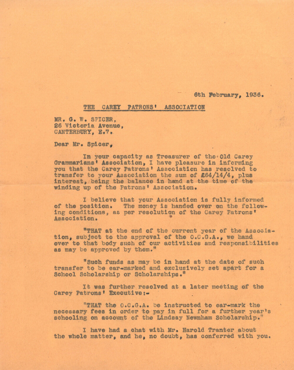 Letter from Gordon Sprigg to Gordon Spicer, 1936