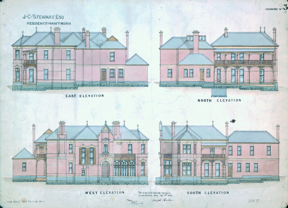 Hawthorn residence for J. C. Stewart Esq. showing elevation plans, 1884