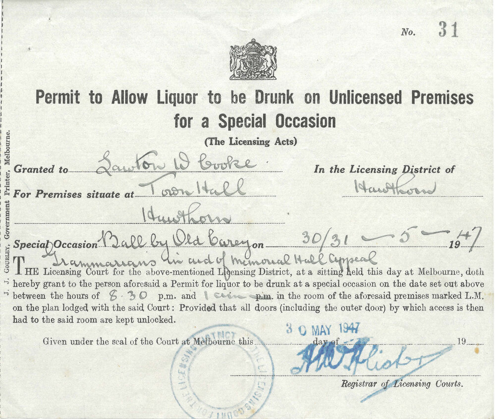 Permit to Allow Liquor to be Drunk on Unlicensed Premises for a Special Occasion, 1947