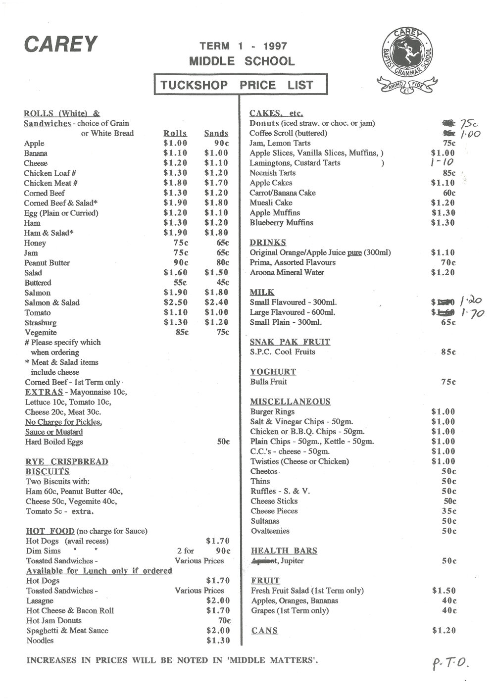 Tuckshop price list, 1997