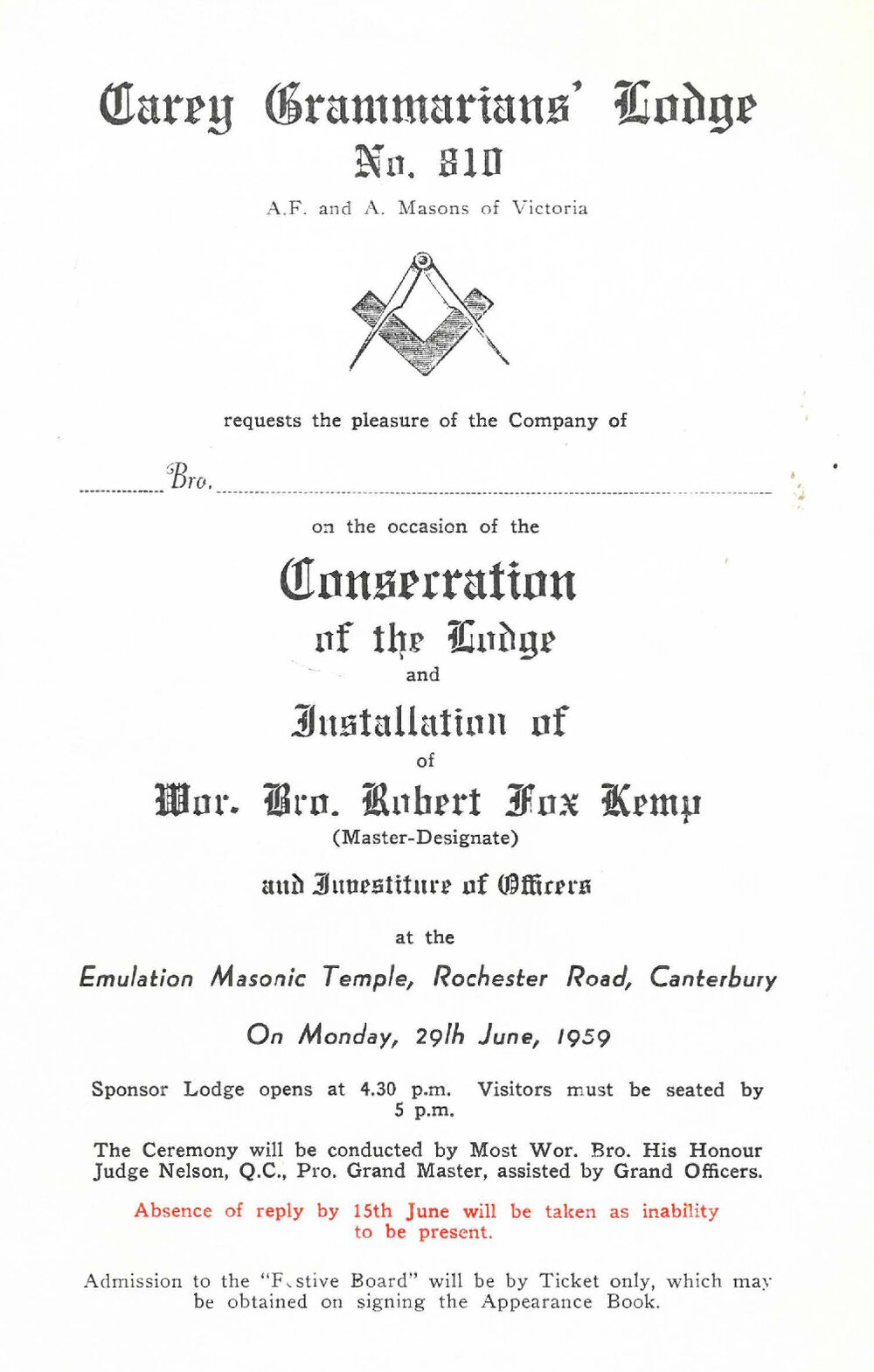 Invitation to the consecration of the Lodge and installation of Wor. Bro. Robert Fox Kemp, 1959