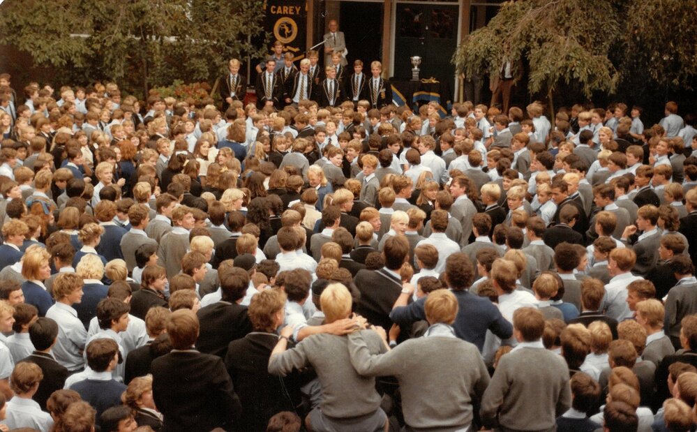 Celebrating the Head of the River win, 1985