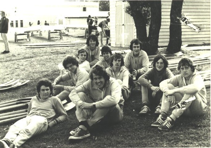 Rowing crew relaxing, 1970s