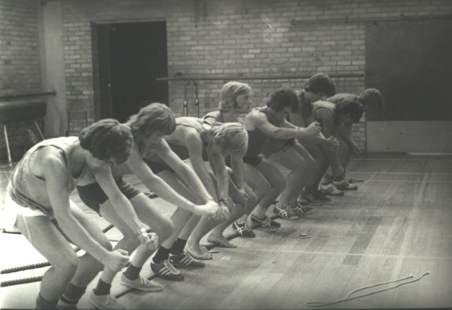 Rowing training in the gymnasium, 1970s