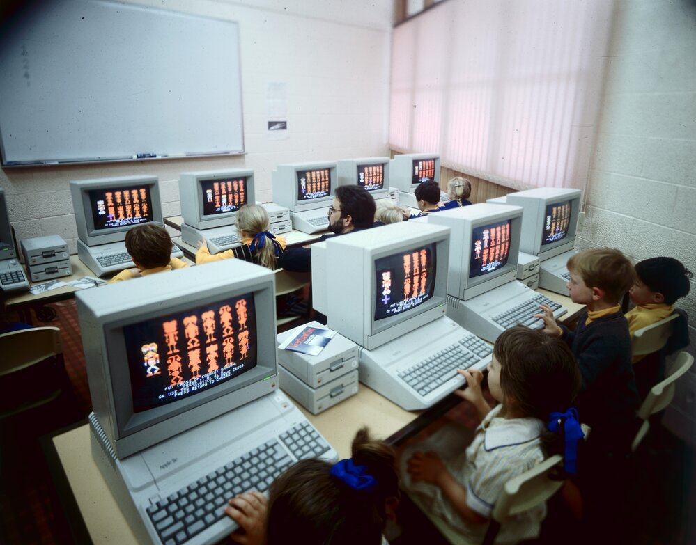 Apple IIe computers in use, 1980s