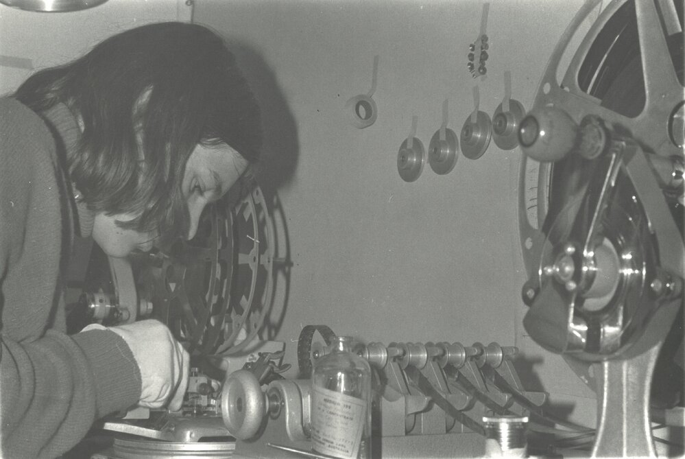 Andrew Jones editing film, circa 1973