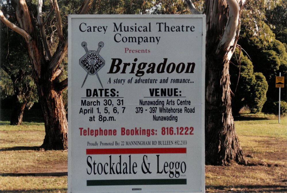 Board advertising the Senior School musical 'Brigadoon', 1995