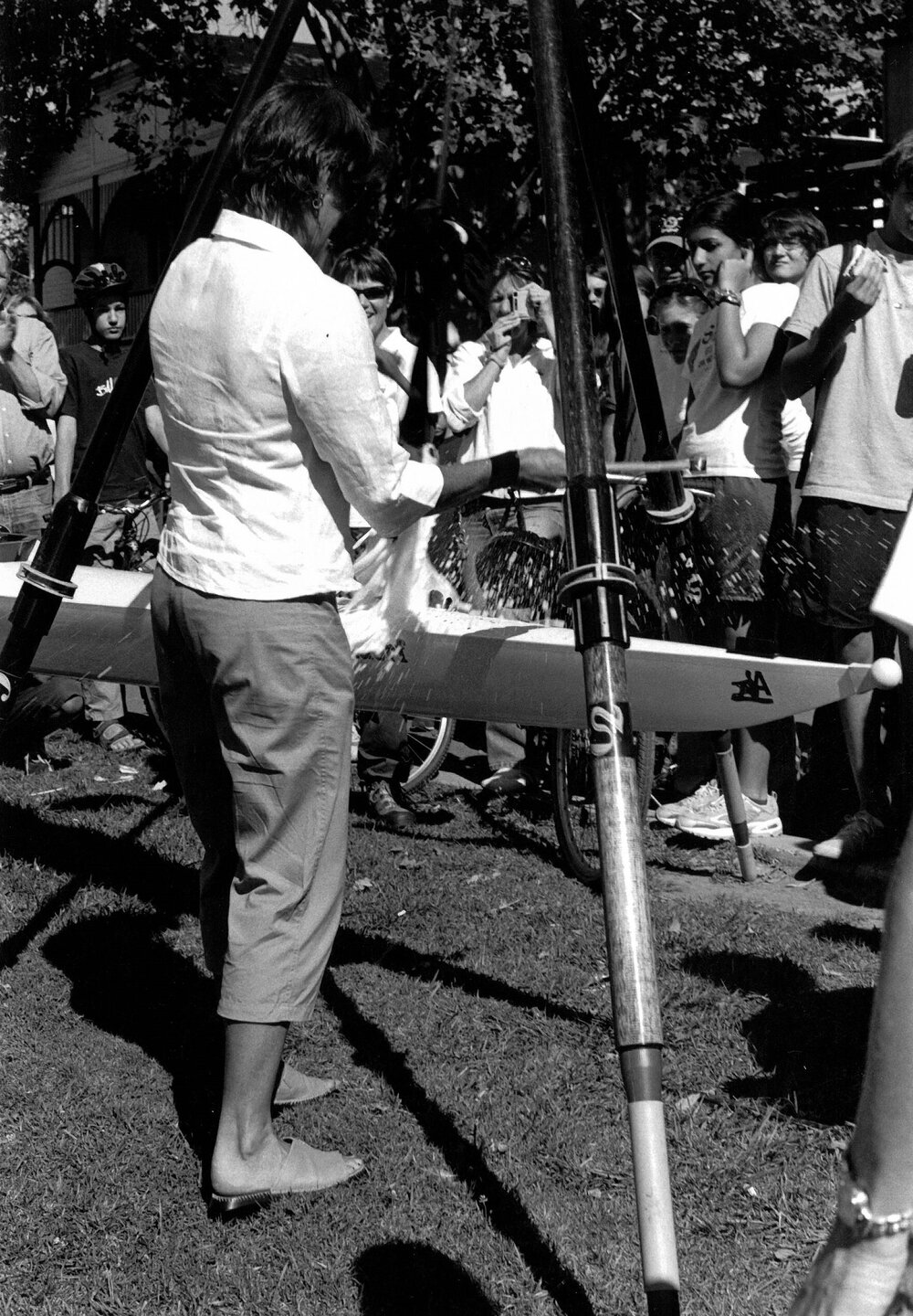 Pamela Westendorf christening rowing boat, 1990s
