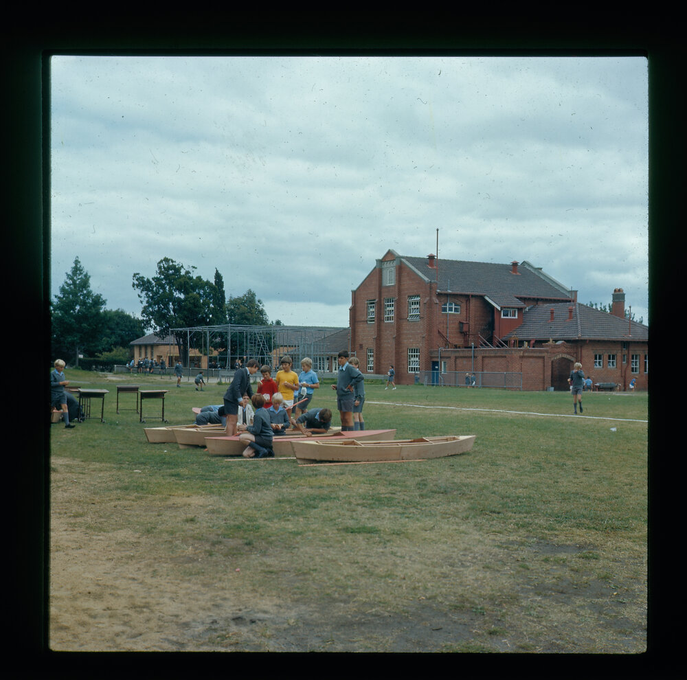 Boat building on the Junior School oval, 1972