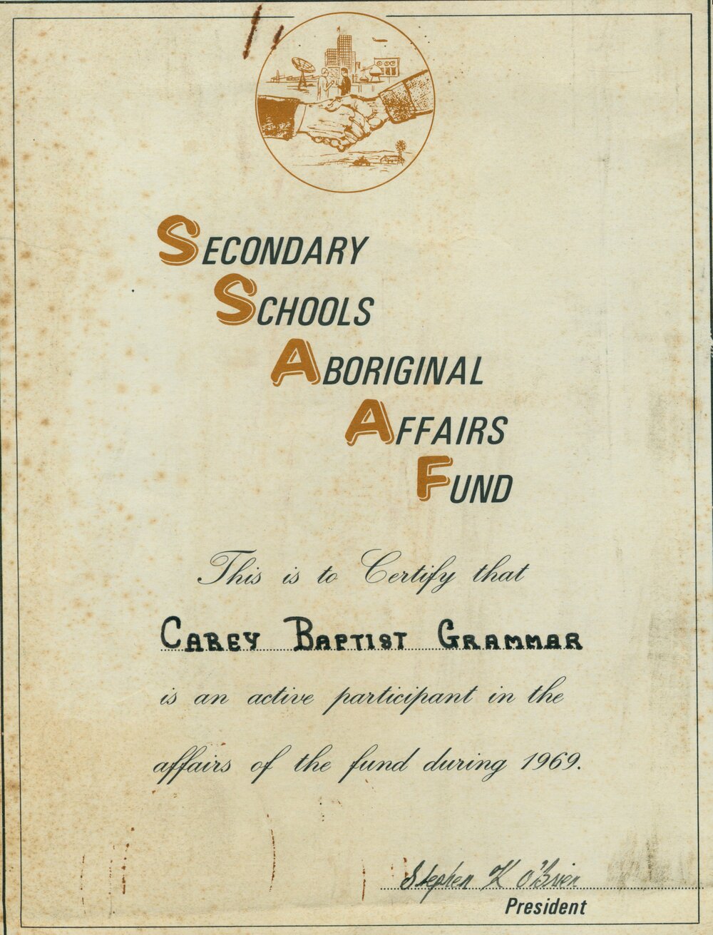 Secondary Schools Aboriginal Affairs Fund (SSAAF) certificate of participation awarded to CBGS, 1969