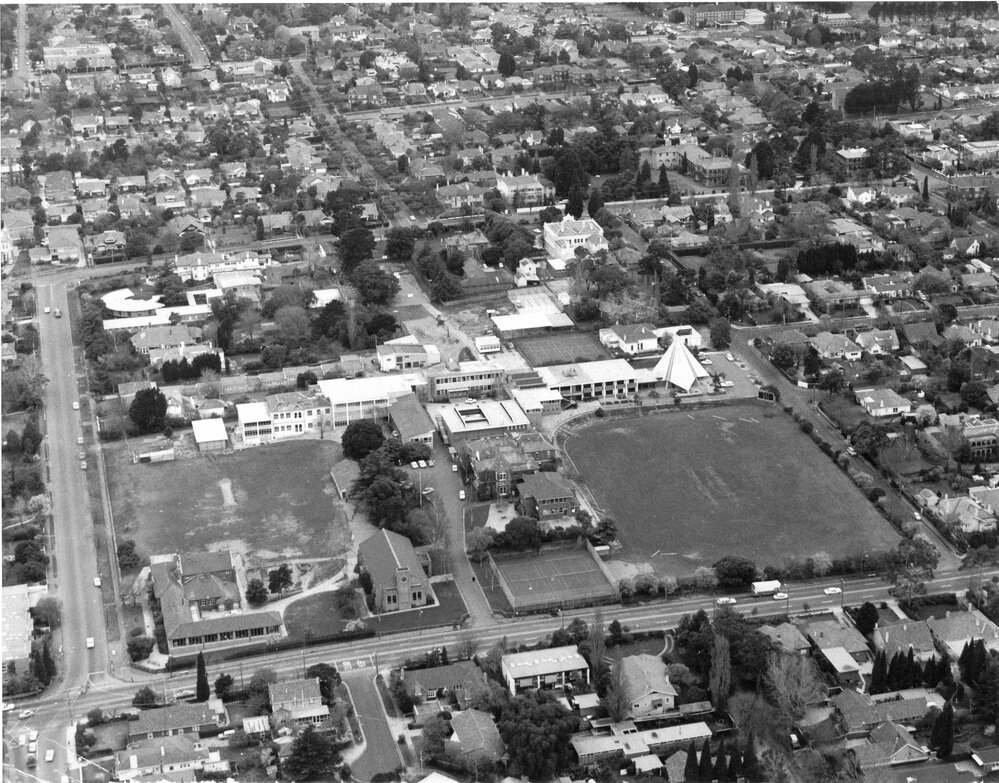 Aerial view looking northeast, 1980s
