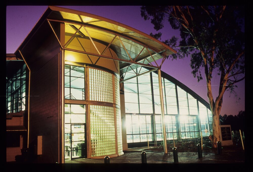 Geoffrey Stevens Swimming Complex at night, 1990s