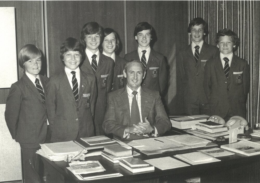 Junior School Headmaster Greg Miles with senior boys, 1979