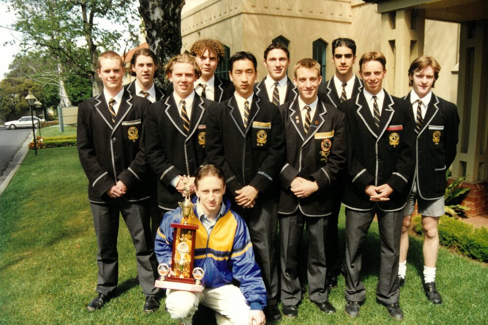 APS boys' basketball premiership team with trophy, 1996