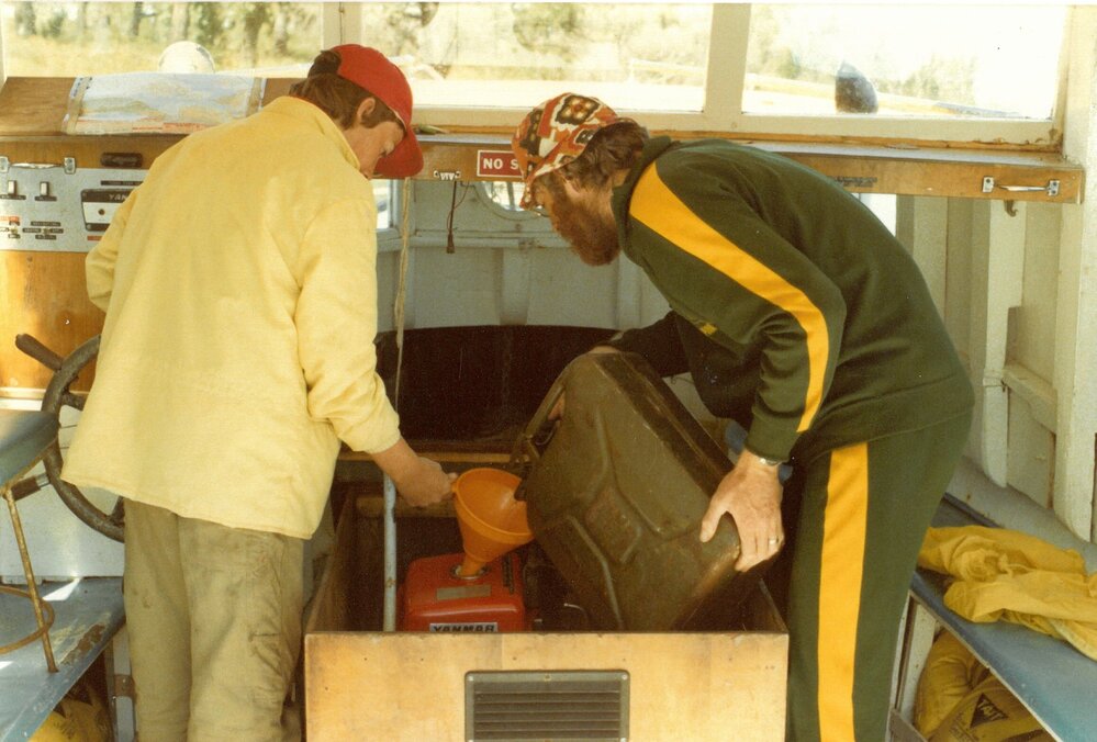 Filling up Toona Foam with jerry can, 1979