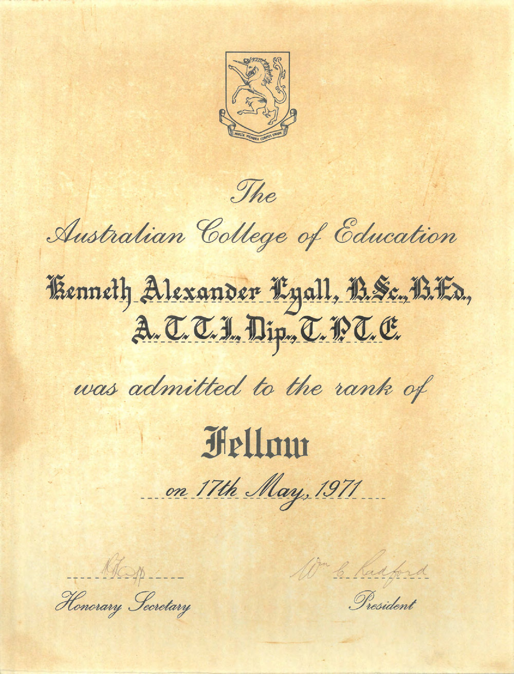 Certificate for admission to rank of Fellow of the Australian College of Education, 1971