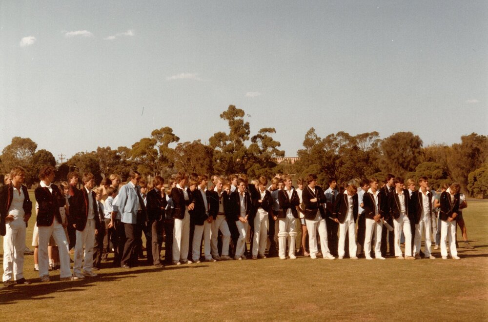 Guests at the opening of Graham Yallop Scoreboard at Bulleen, 1984