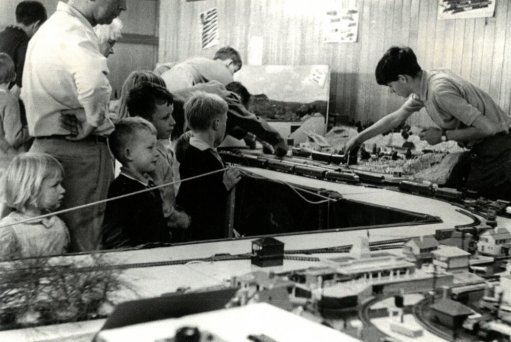 Model train display at school fete, 1967