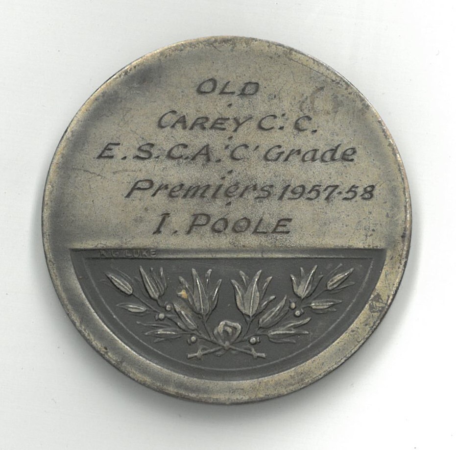 Old Carey Cricket Club ESCA 'C' Grade Premiers medal, 1957-58 [Reverse]
