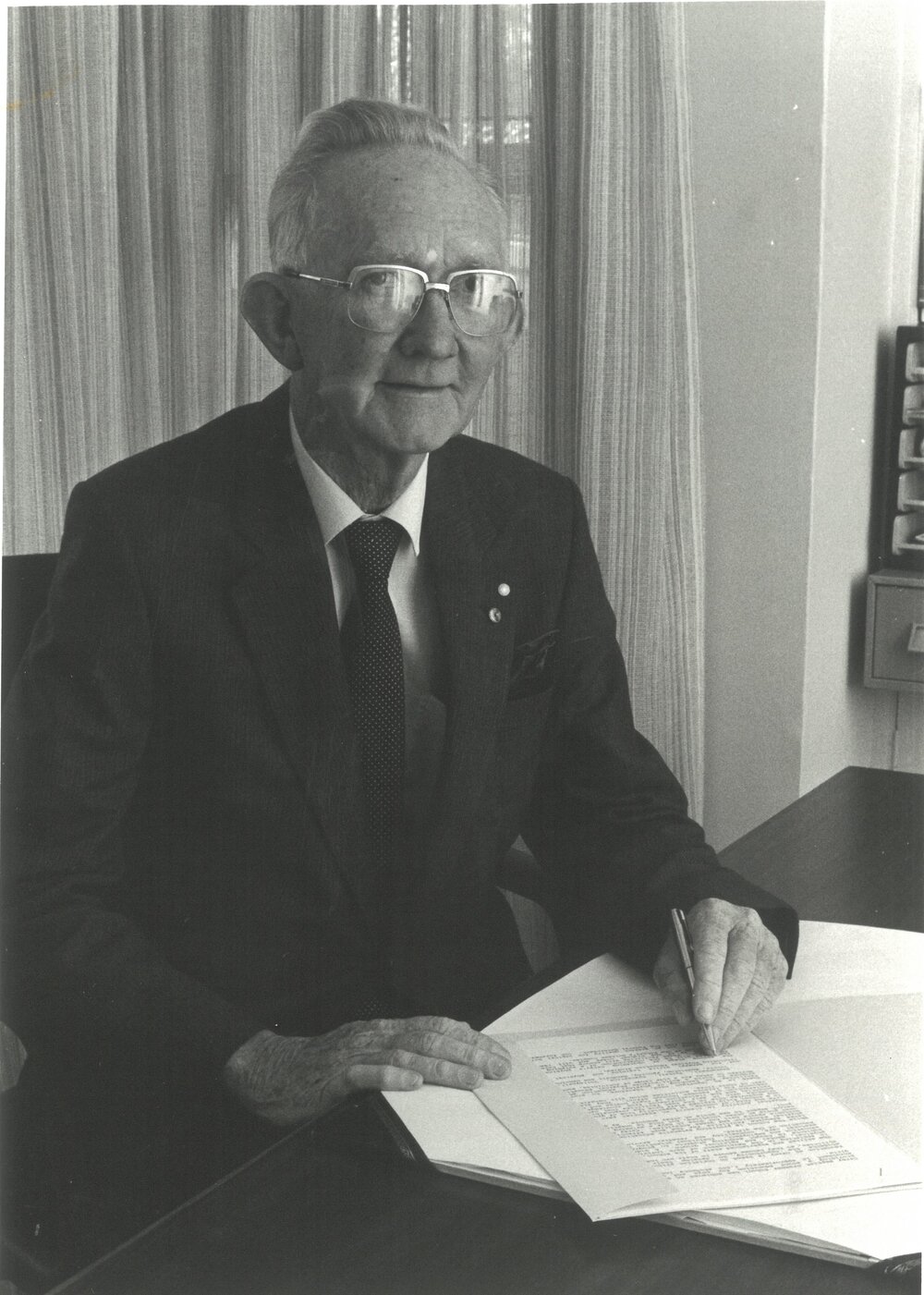 Mr Geoffrey Stevens after the naming of the new swimming pool, circa 1991