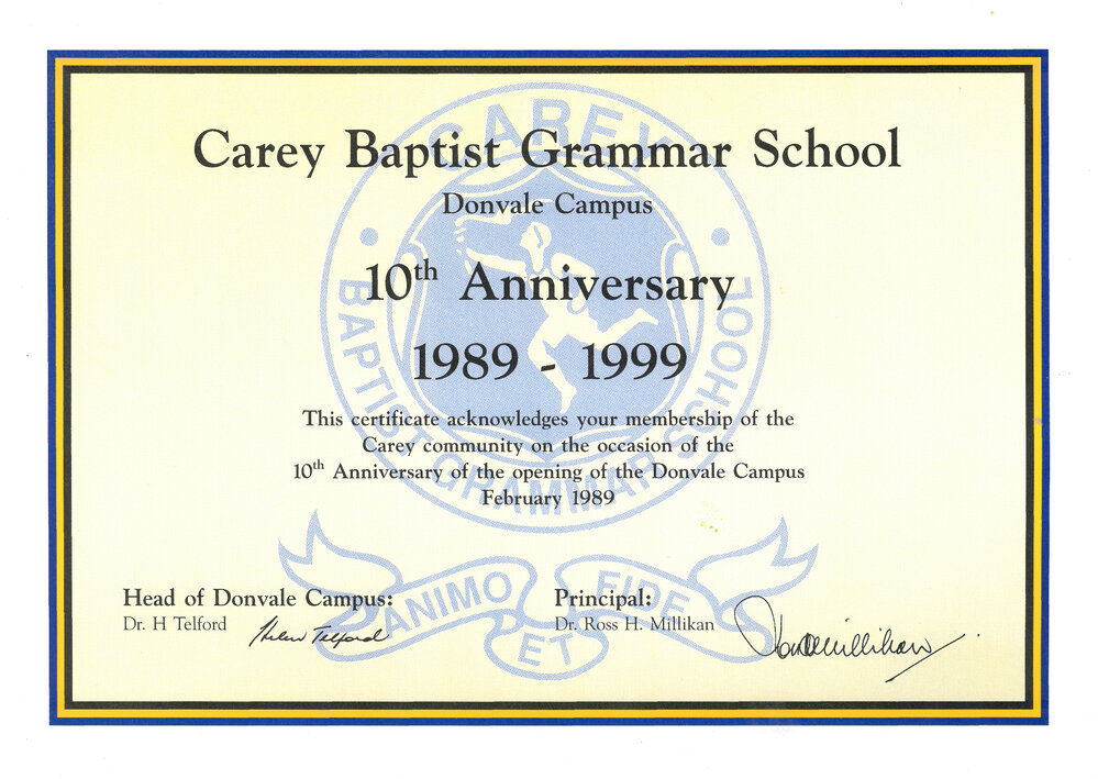 10th anniversary of Donvale certificate, 1999