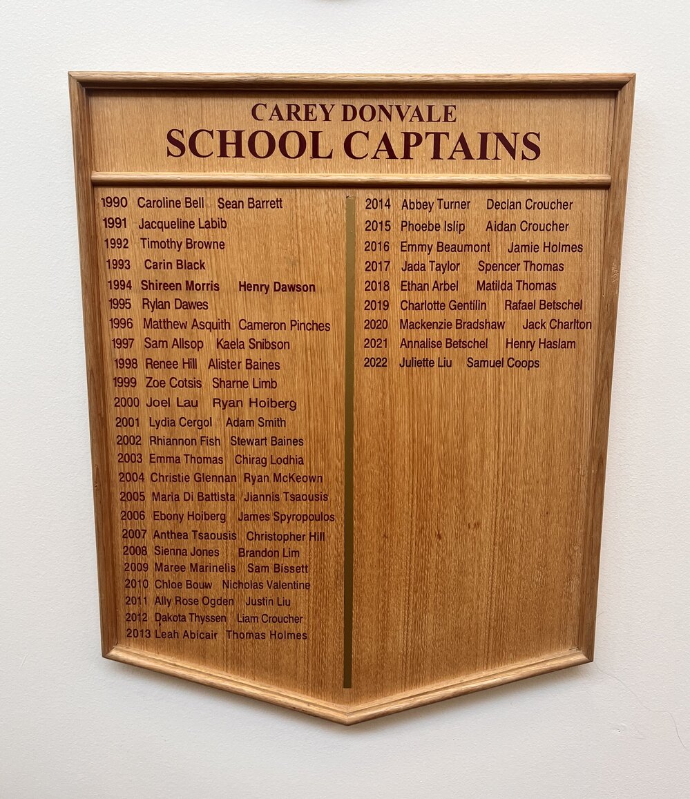 Donvale School Captains honour board