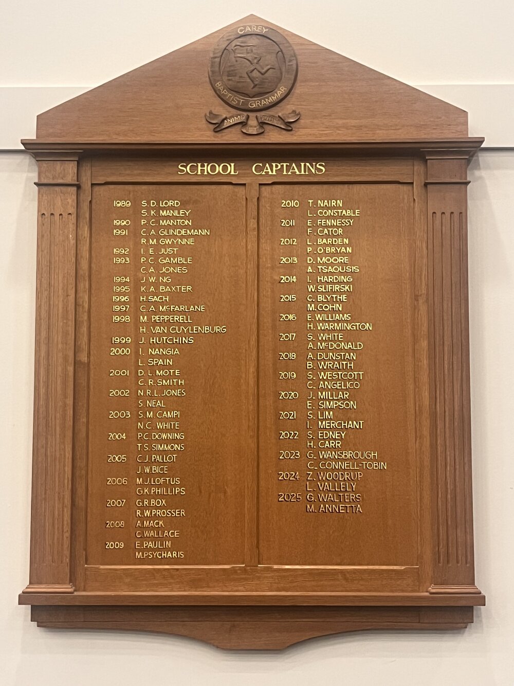 School captains honour board, 1989 to present