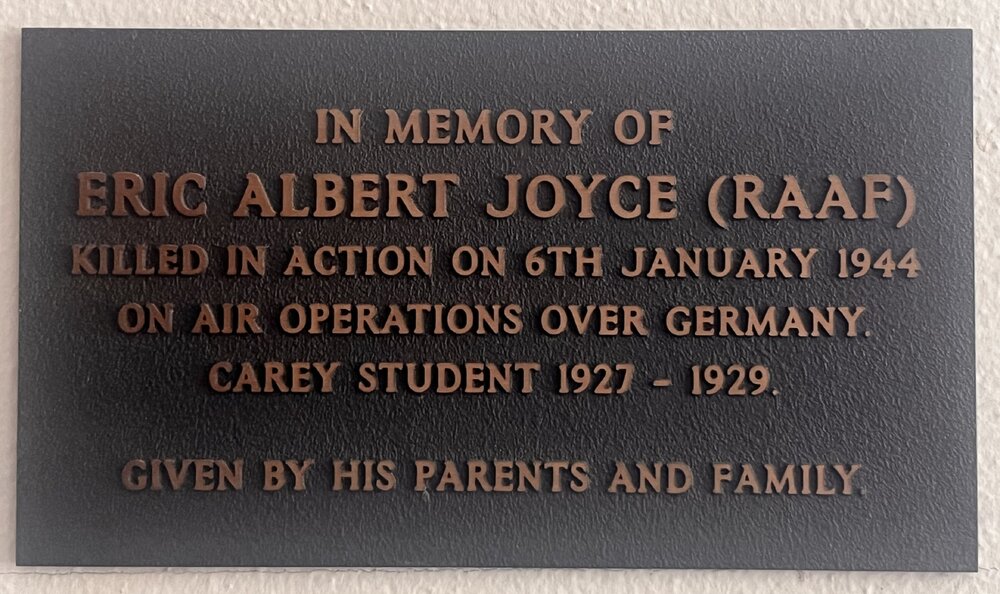 Plaque dedicated to Eric Albert Joyce, 1942
