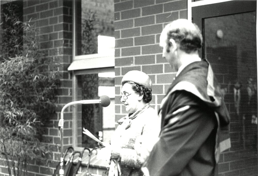Mrs E. B. Gilbert opening the Steele Wing, 1977