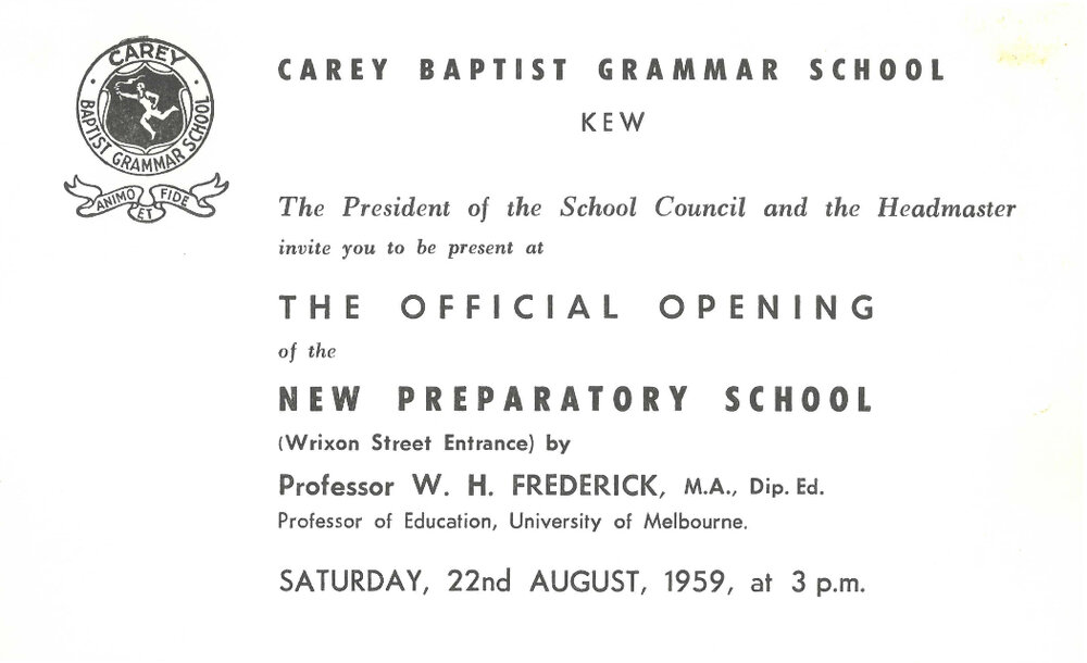Invitation to the official opening of the new Preparatory School, 1959
