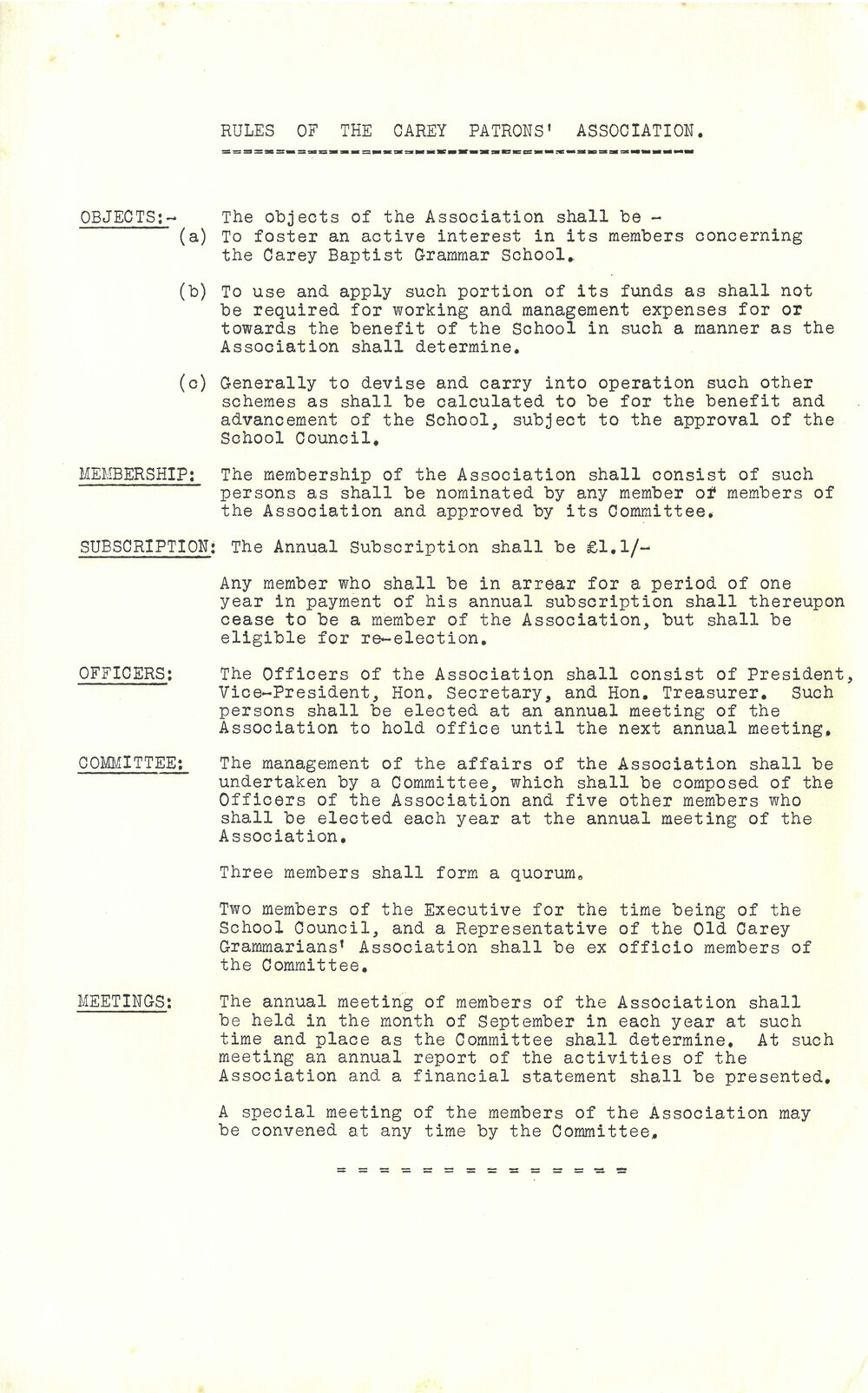 Rules of The Carey Patrons' Association, circa 1920s