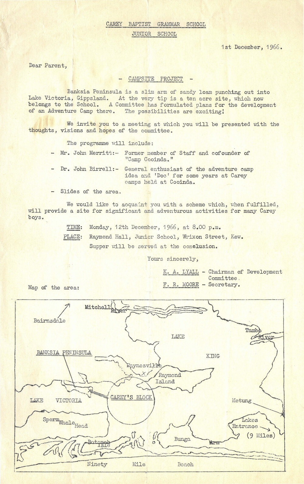 Letter to Junior School parents relating to Campsite Project, 1966