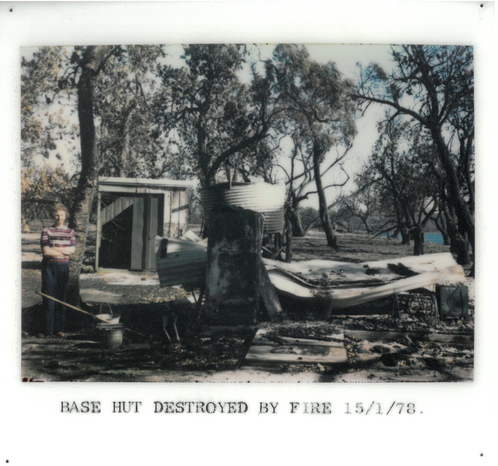 Base hut destroyed by fire, 1978