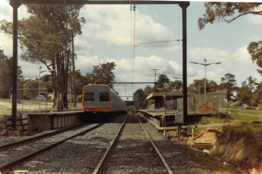 'Super silver' Hitachi train sitting at Heathmont train station, 1981