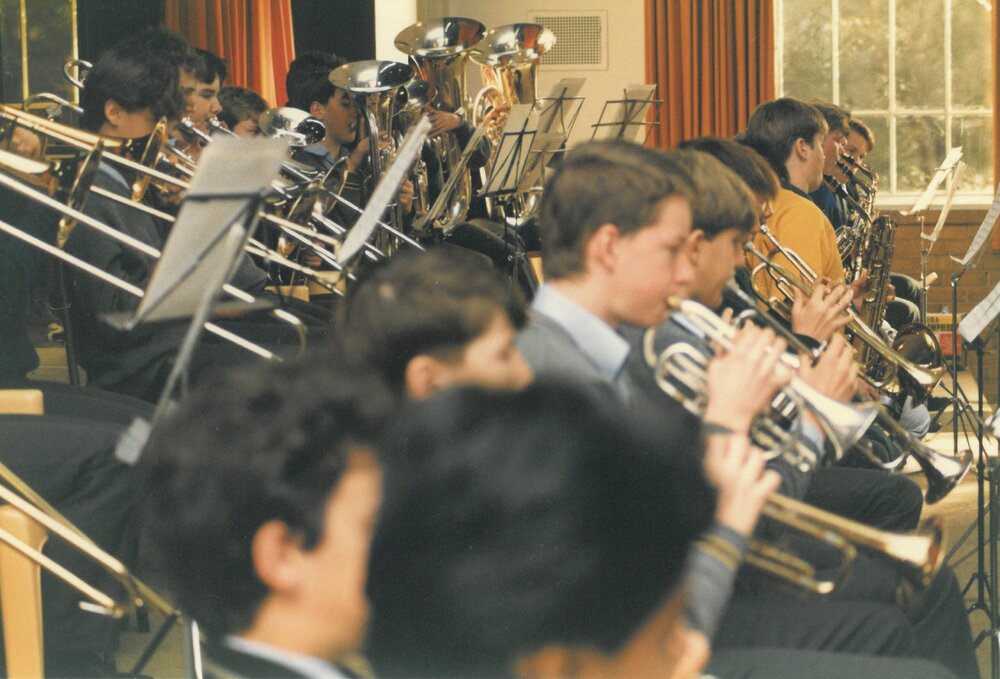 Brass section of school orchestra, 1980s