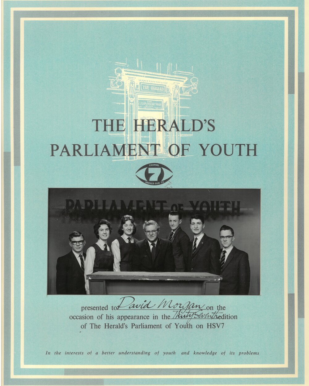The Herald's Parliament of Youth presented to David Morgan on the occasion of his appearance  in the 37th edition of the The Herald's Parliament of Youth on HSV7, circa 1960 