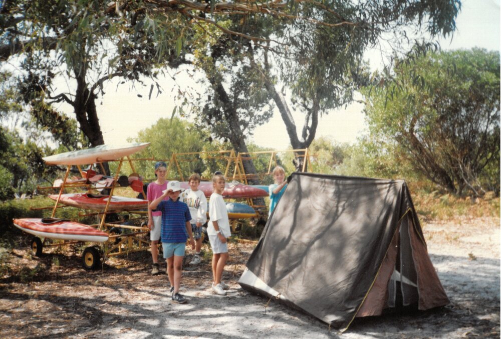 Tent and kayaks at Camp Toonallook, 1990