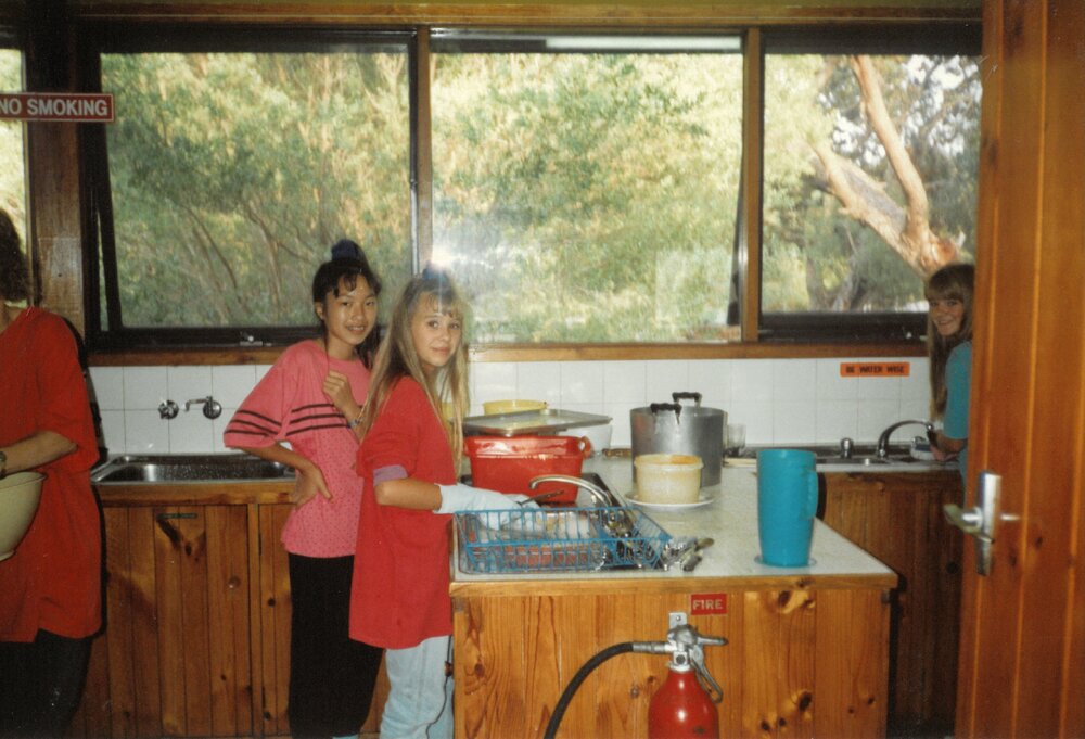 Washing dishes at Camp Toonallook, 1990