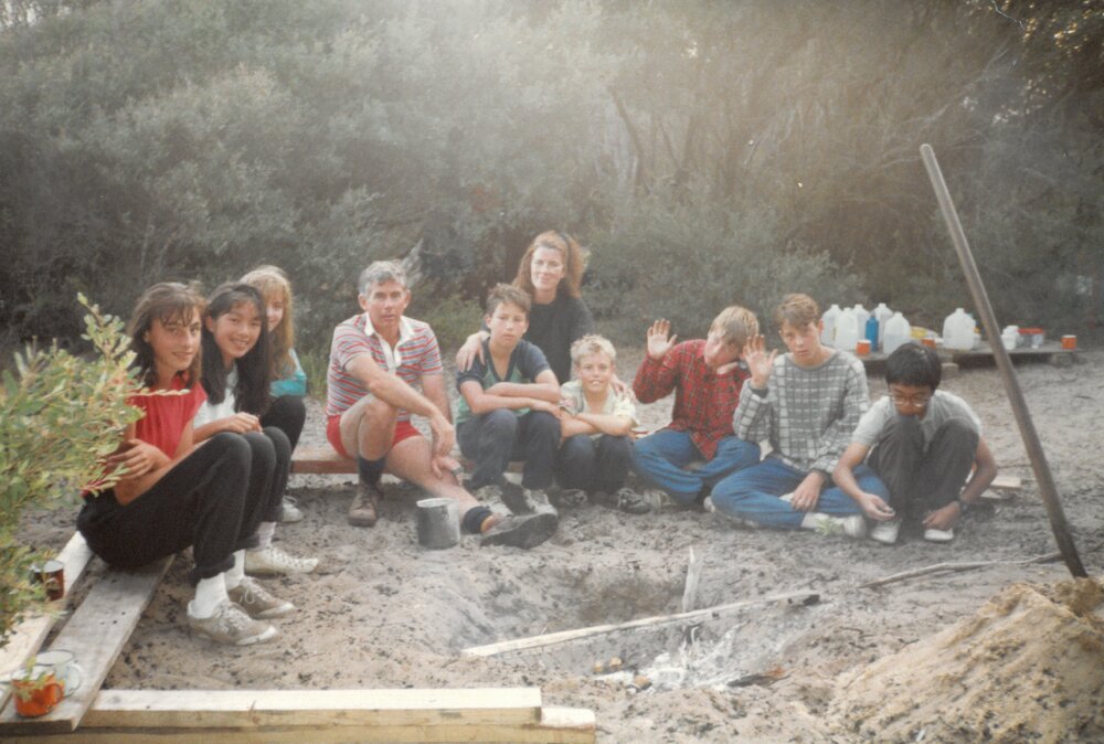 Mr Max Drummy and Mrs Bussey with students at Camp Toonallook, 1990