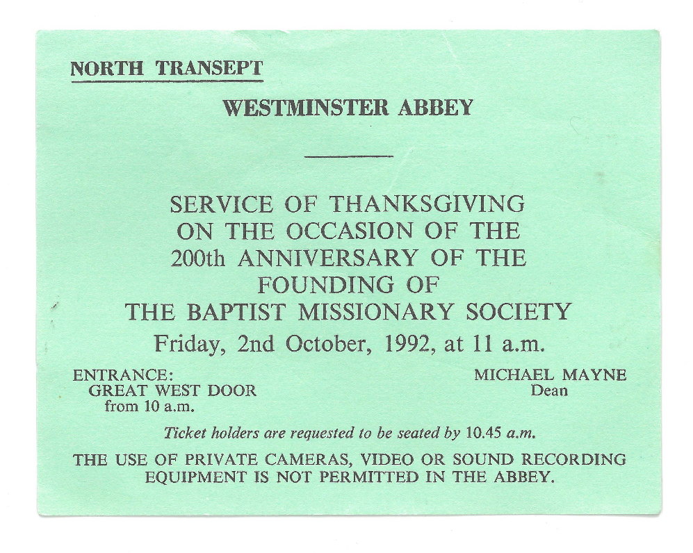 Commemorative Ticket for Bicentenary Thanksgiving Service, 1992