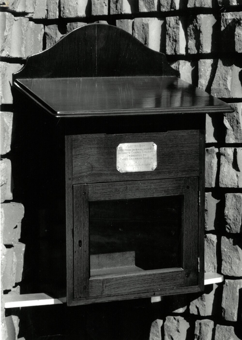 Wooden letter box made from the original doors of Dr. Carey's Chapel, Calcutta, 1934