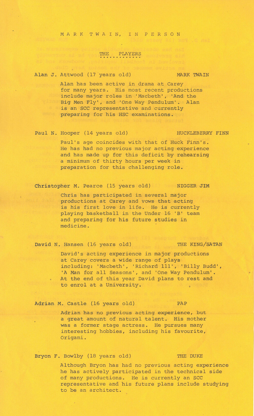 'Mark Twain, in person' cast list, 1974