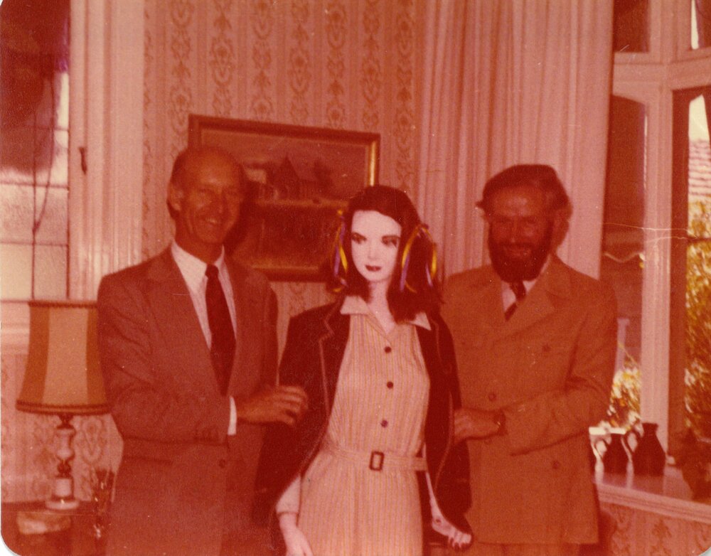 Gerard Cramer and Bill Pugh introducing the new girls' summer uniform, 1978